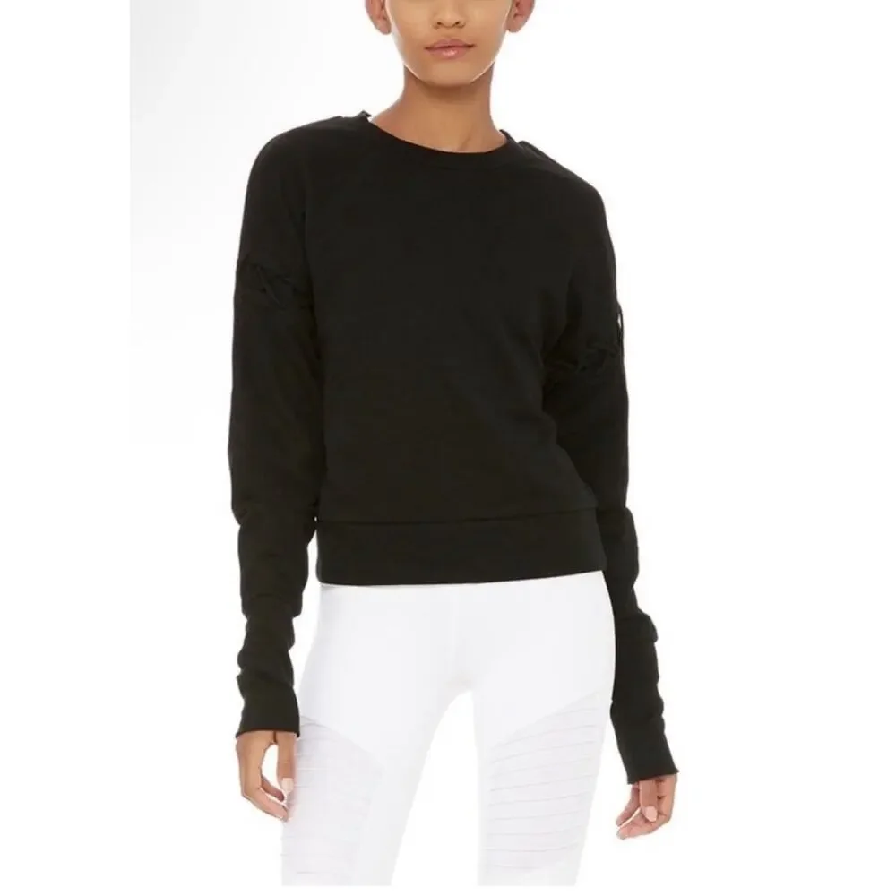 Alo Yoga Hookup Lace Up Black Sweatshirt Lattice Back & Sleeves Size M*